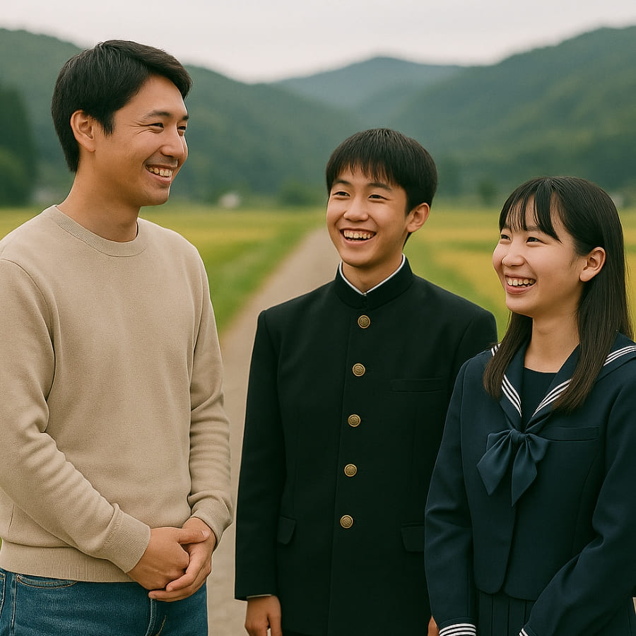 笑顔で会話する鹿角市の高校生2人と先輩